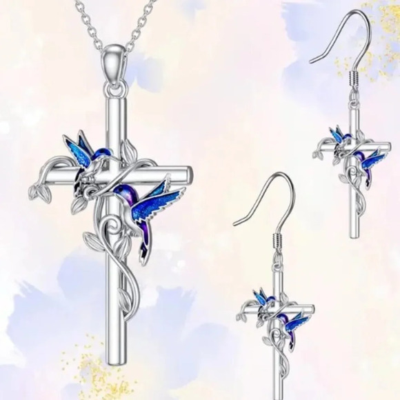 Fashionable Blue Bird & Cross Jewelry Set - Picture 1 of 5